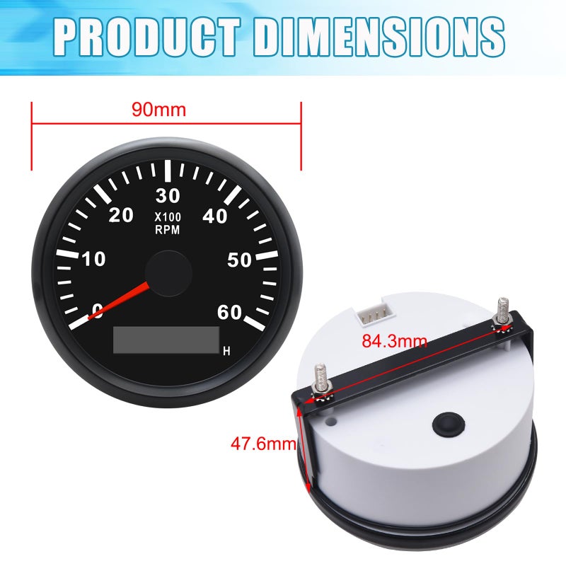Geloo 85MM Marine Tachometer Outboard Waterproof 6000RPM Boat RPM Tacho Meter with LCD Digital Hour Meter Red Backlight for Car Truck Diesel Engine 9-32V - Image 5